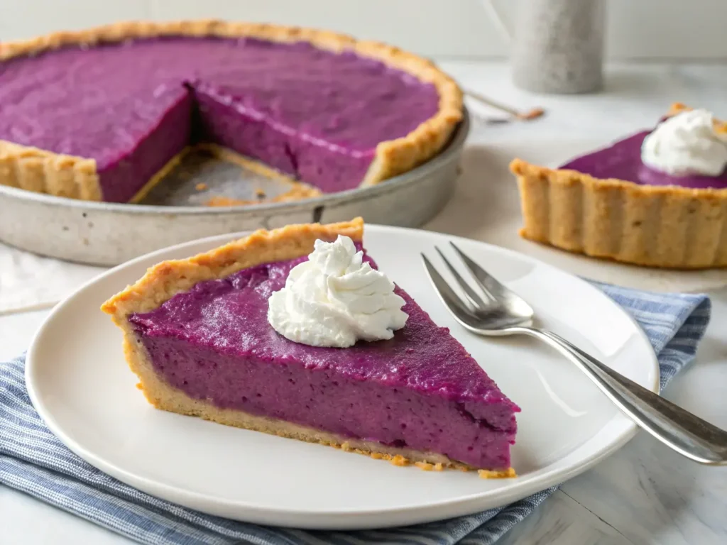 A slice of purple sweet potato pie with whipped cream.