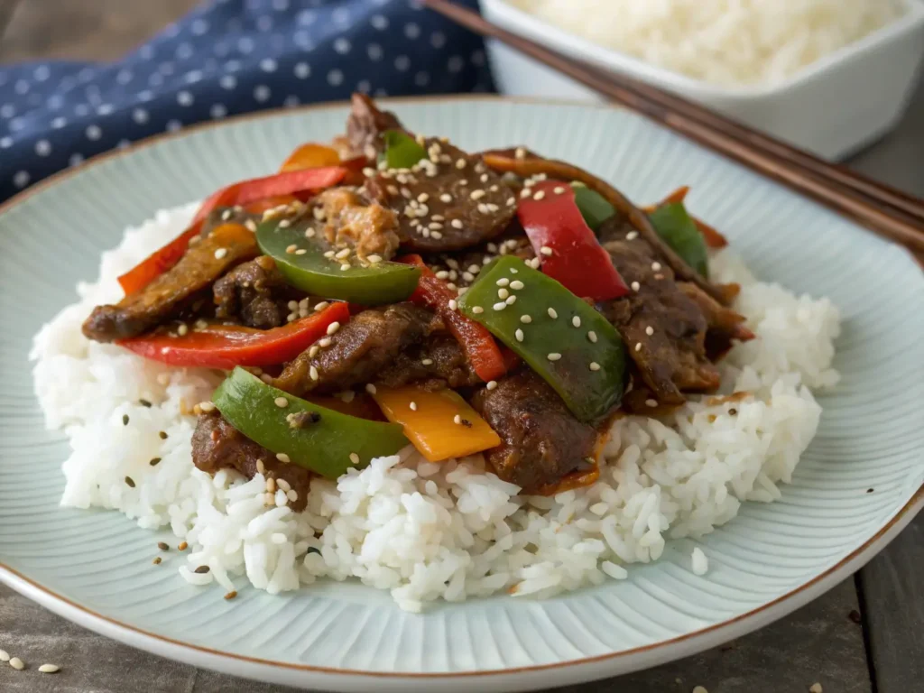 Pepper steak served over rice with sesame garnish.