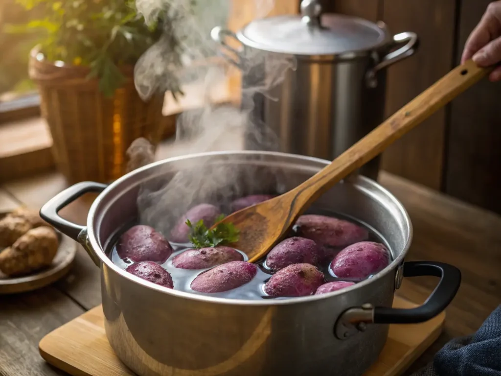 Purple sweet potatoes boiling in a pot with steam rising.