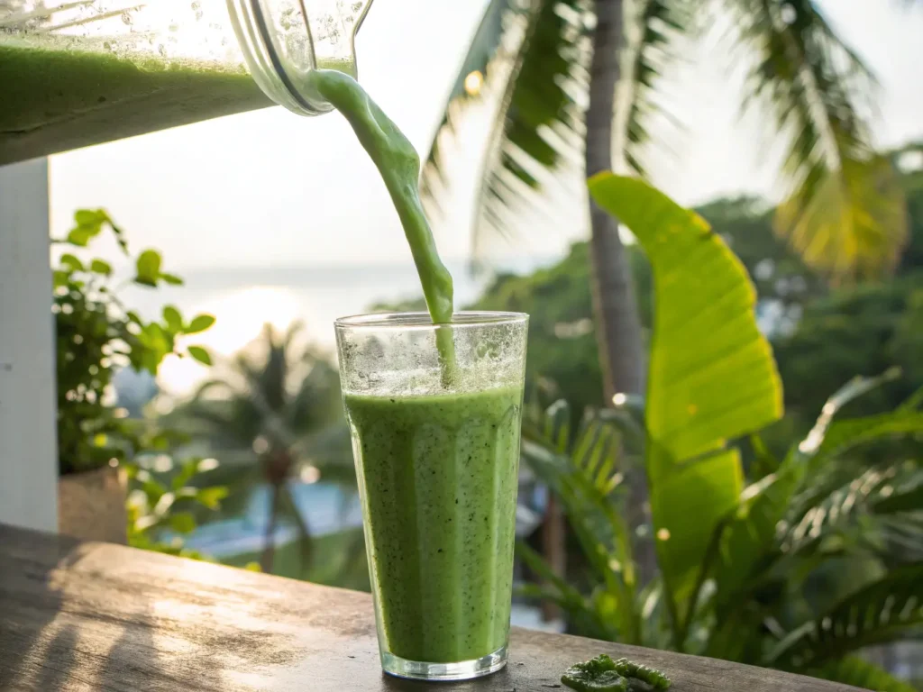 A green smoothie being poured into a glass with a tropical background.