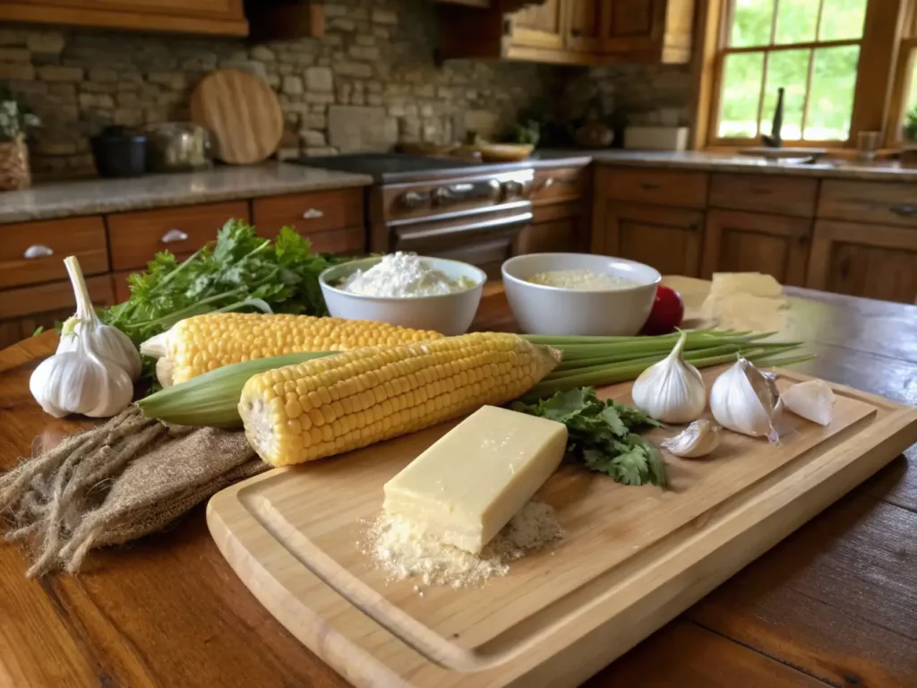 Ingredients for cheesy garlic butter corn on the cob on a wooden board