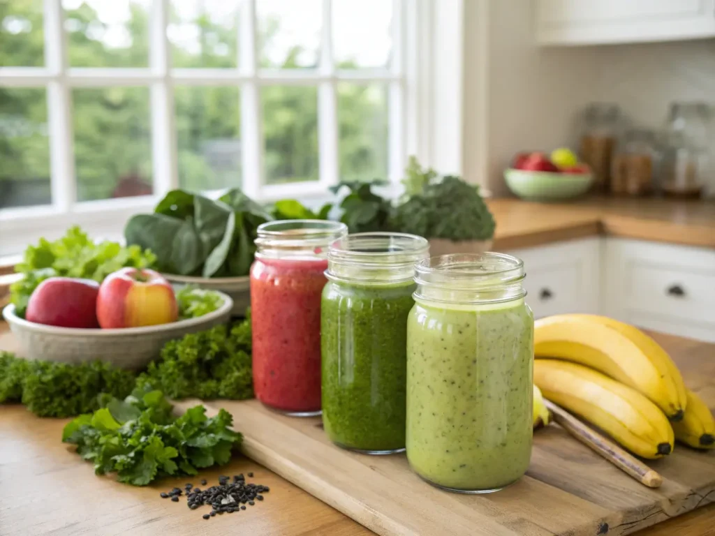 Pre-made green smoothies stored in glass jars, ready for meal prep.