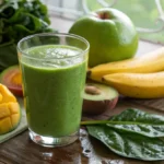 A vibrant green smoothie in a glass with tropical fruits and greens.