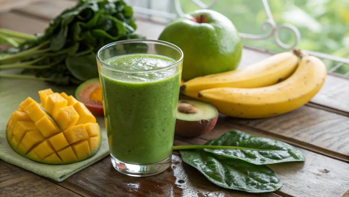 A vibrant green smoothie in a glass with tropical fruits and greens.