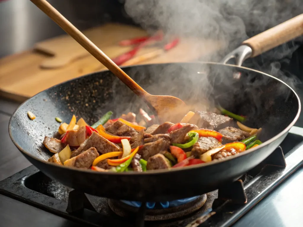 Beef and vegetables sizzling in a wok with steam.