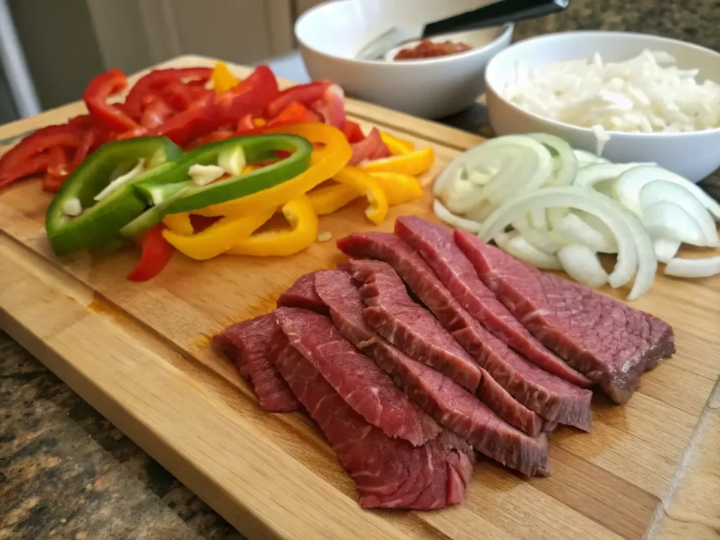 Sliced beef, bell peppers, and onions on a cutting board.
