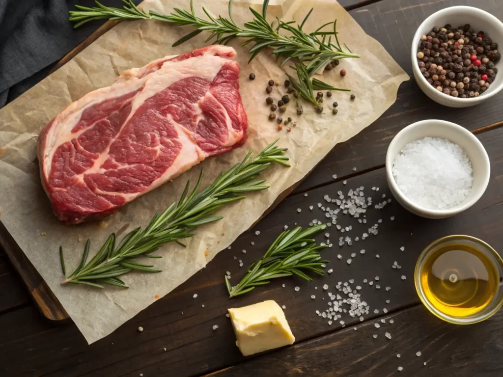 Raw ribeye roast with seasoning ingredients on a rustic wooden table.