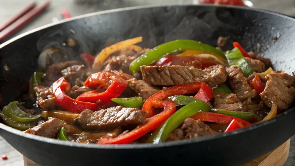 A close-up of beef stir-fry with colorful peppers in a wok.