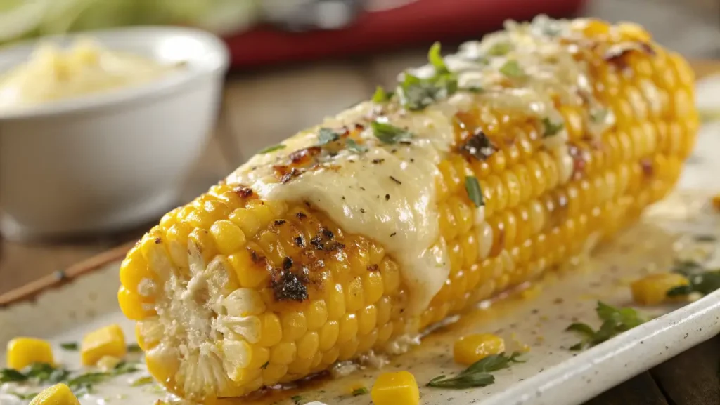 A close-up of grilled corn covered in melted cheese and garlic butter.