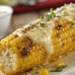 A close-up of grilled corn covered in melted cheese and garlic butter.