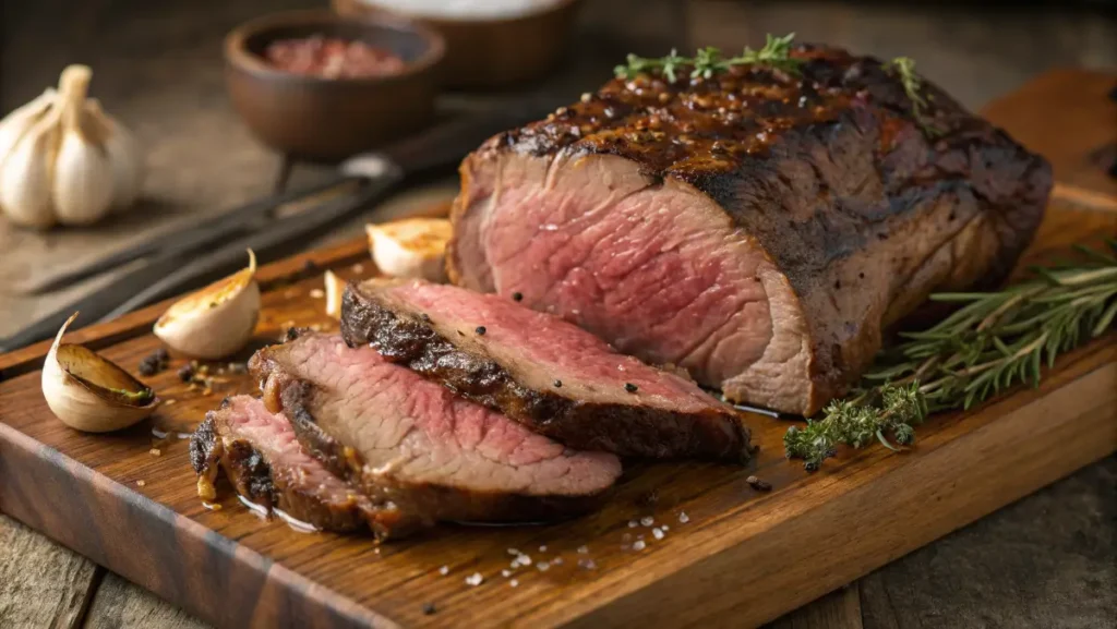 A perfectly cooked ribeye roast sliced to show a juicy pink center.