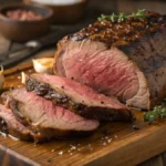 A perfectly cooked ribeye roast sliced to show a juicy pink center.