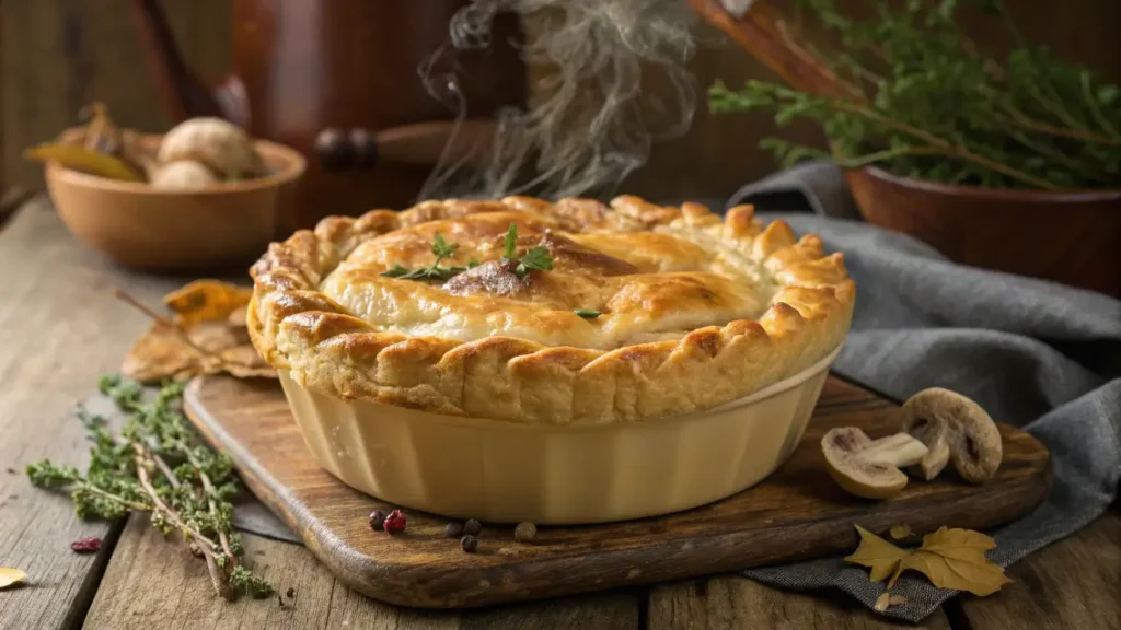 A close-up of a golden-brown mushroom pot pie plated with vibrant natural lighting and soft shadows, highlighting its texture and delicate garnishes.