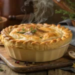 A close-up of a golden-brown mushroom pot pie plated with vibrant natural lighting and soft shadows, highlighting its texture and delicate garnishes.