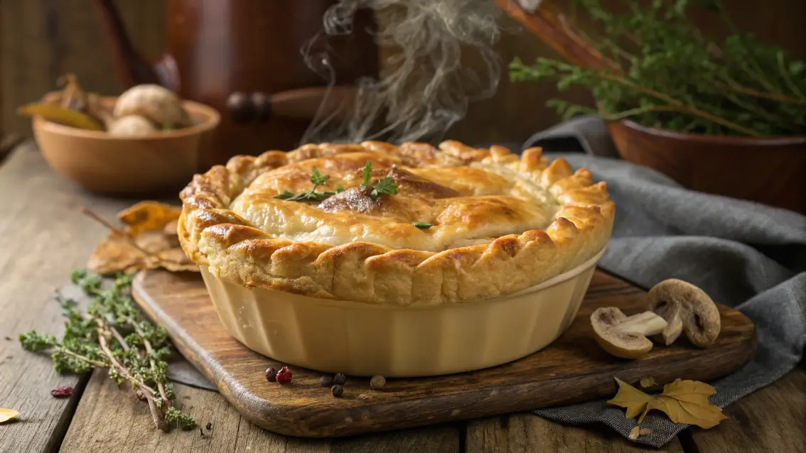 A close-up of a golden-brown mushroom pot pie plated with vibrant natural lighting and soft shadows, highlighting its texture and delicate garnishes.