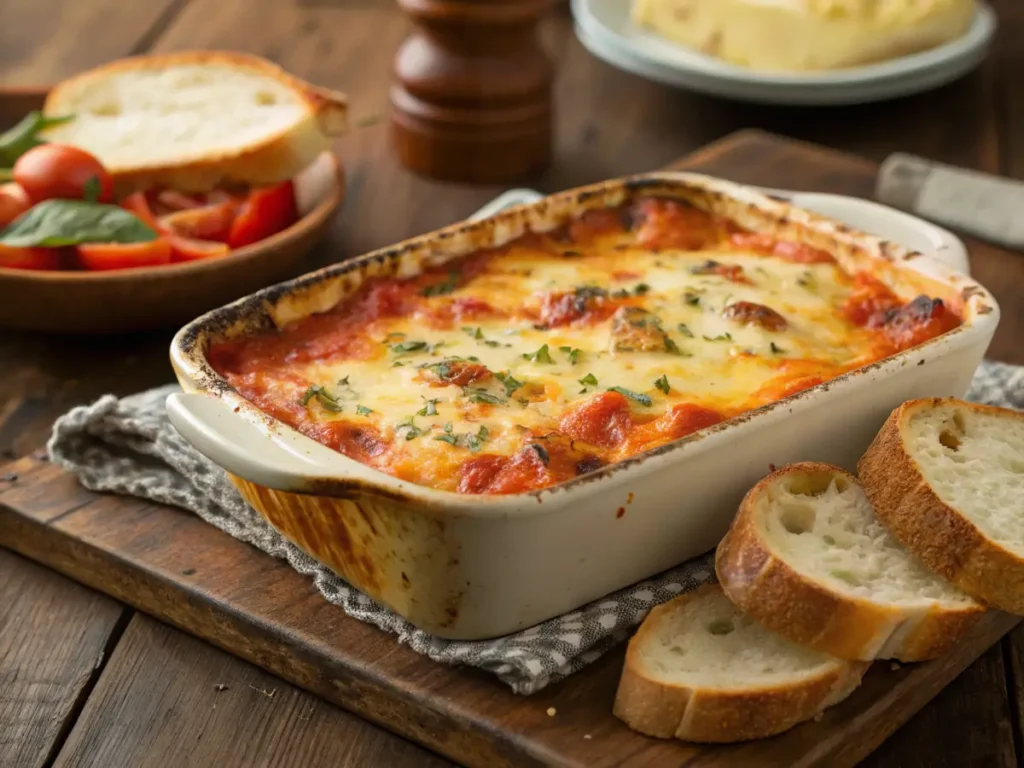 A golden, bubbly Tomato Soup and Grilled Cheese Casserole fresh out of the oven