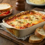 A golden, bubbly Tomato Soup and Grilled Cheese Casserole fresh out of the oven