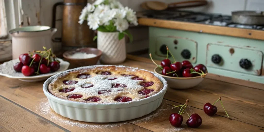 Close-up of a French cherry dessert plated with vibrant natural lighting and soft shadows, highlighting its texture and delicate garnishes.