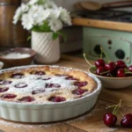 Close-up of a French cherry dessert plated with vibrant natural lighting and soft shadows, highlighting its texture and delicate garnishes.