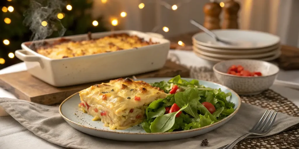 Plated serving of casserole with side salad on a dining table.