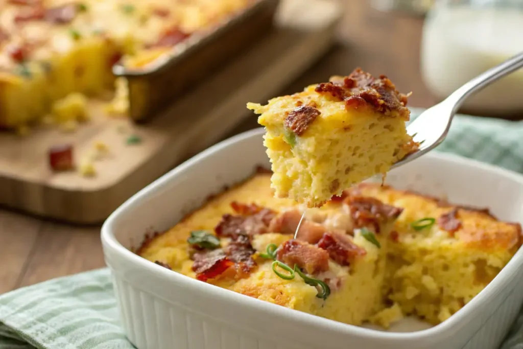 Fork holding a bite of cornbread breakfast casserole with bacon and cheese.
