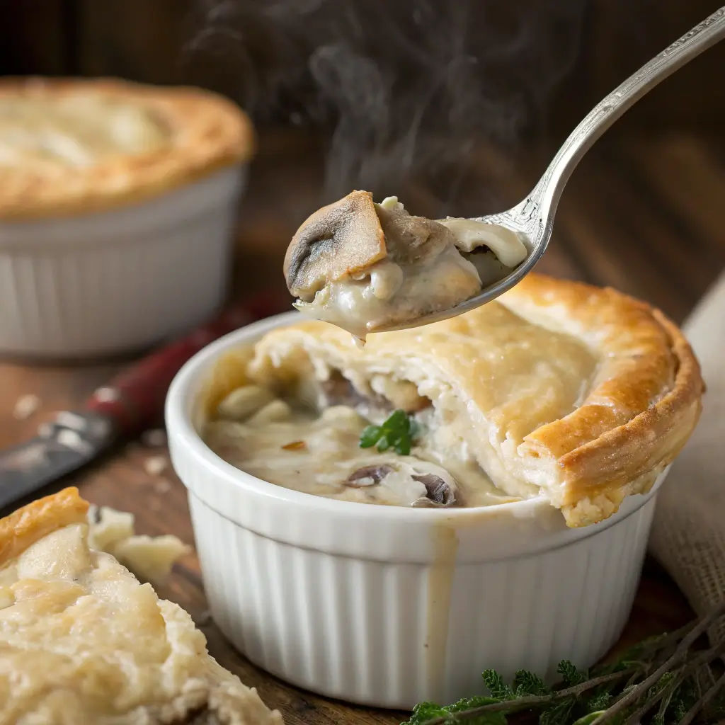 A spoon breaking into the crust of a mushroom pot pie, exposing the creamy filling.