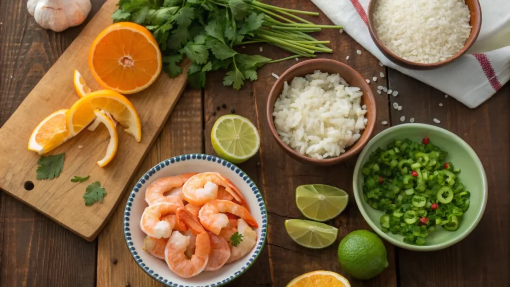 Ingredients for citrus shrimp rice bowls arranged on a wooden table.