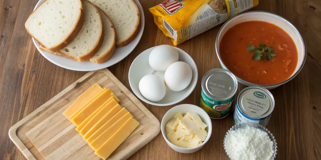 Ingredients for tomato soup and grilled cheese casserole laid out on a table.