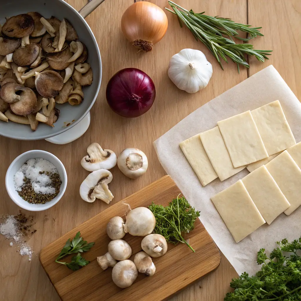 An overhead view of assorted ingredients for mushroom pot pie arranged on a wooden countertop.