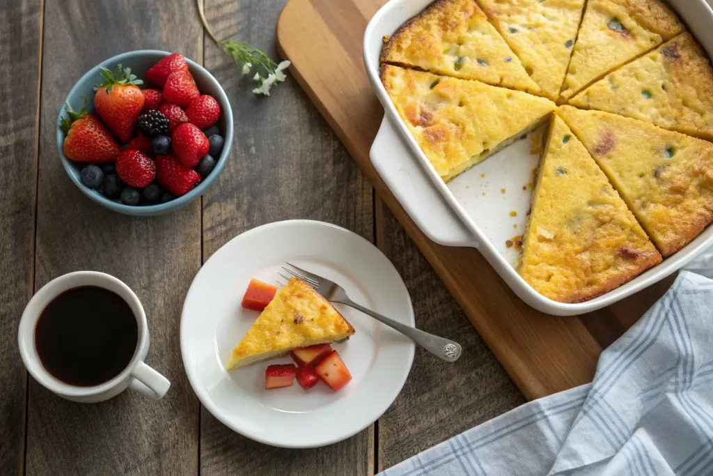 Sliced cornbread breakfast casserole served with fruit and coffee.
