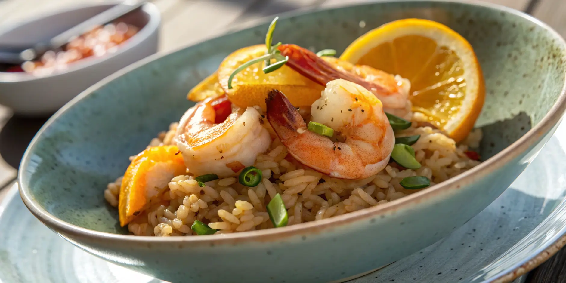 A close-up of a citrus shrimp rice bowl plated with vibrant natural lighting and soft shadows, highlighting its texture and delicate garnishes.