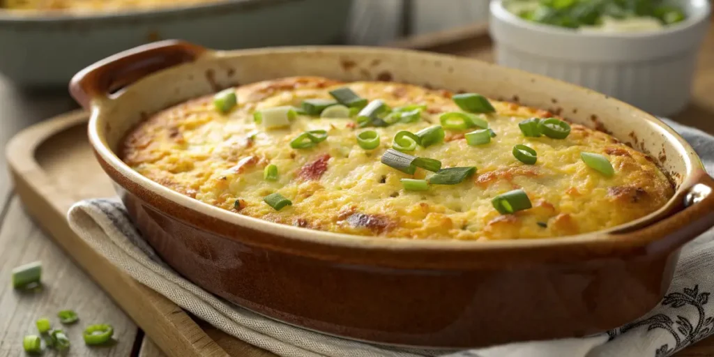Close-up of a golden cornbread breakfast casserole garnished with green onions.