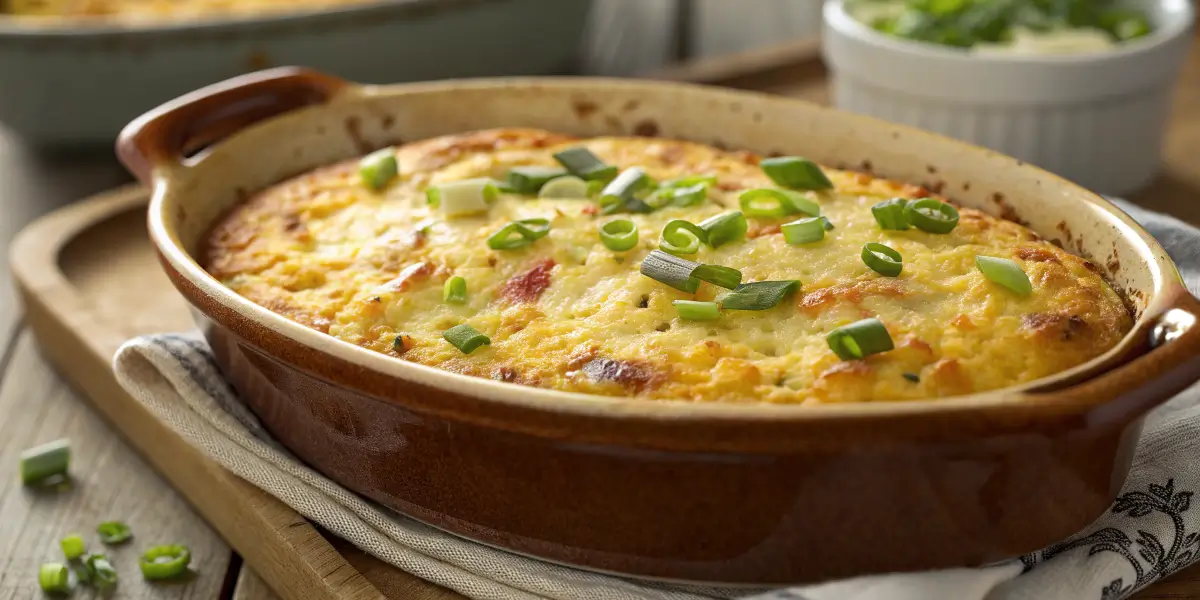 Close-up of a golden cornbread breakfast casserole garnished with green onions.